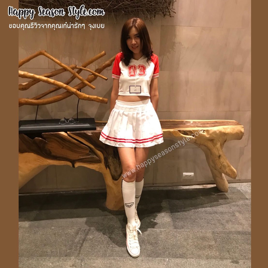 ชุดเชียร์ เชียร์ลีดเดอร์ ชุดเชียร์กีฬา สีแดงกระโปรงขาว แนวเกาหลี วง WJSN เพลง HAPPY MOMENT เสื้อขาวแขนแดง