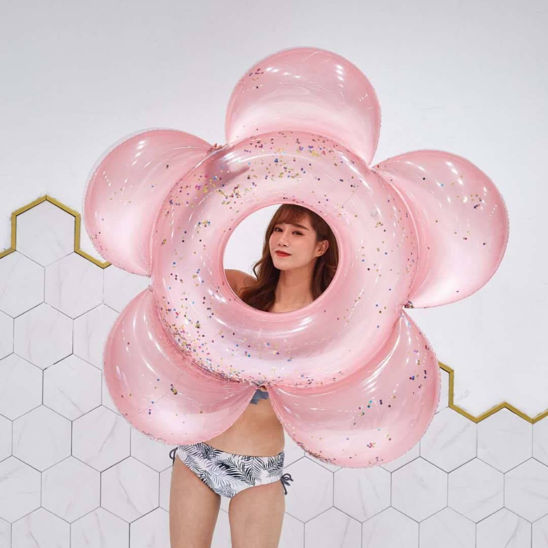 ห่วงยางดอกไม้ กลิตเตอร์ สีชมพู Inflatable Pink Glitter Flower Pool Float