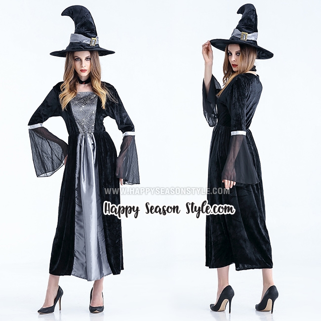 ชุดแม่มดยาว สีดำเทา มีหมวกแม่มด