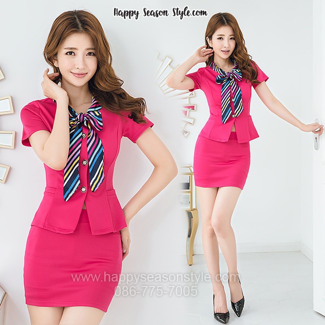 ชุดพนักงาน ชุดแอร์ ชุดยูนิฟอร์ม พนักงานต้อนรับ พีอาร์ ผ้าพันคอลายริ้ว สีชมพู ⚡️ส่งไวจากไทย