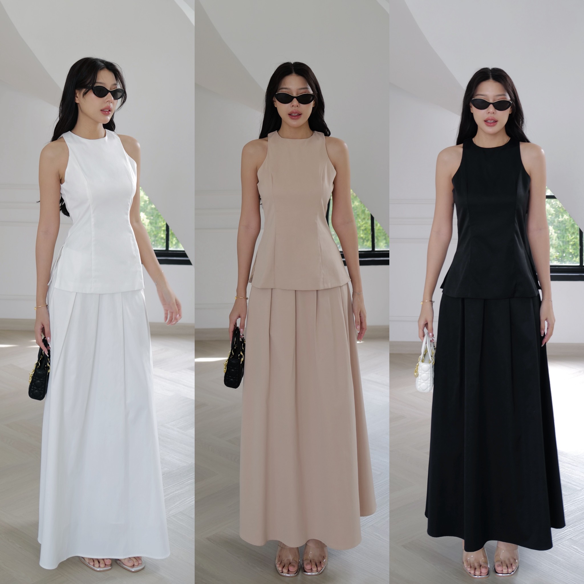 #8185 ชุดเชต เสื้อแขนกุด ชิปหลังผ่าข้าง + กระโปรงยาวจับจีบ ชิปหลัง มีชับใน (งานจริงรูป2) intuon