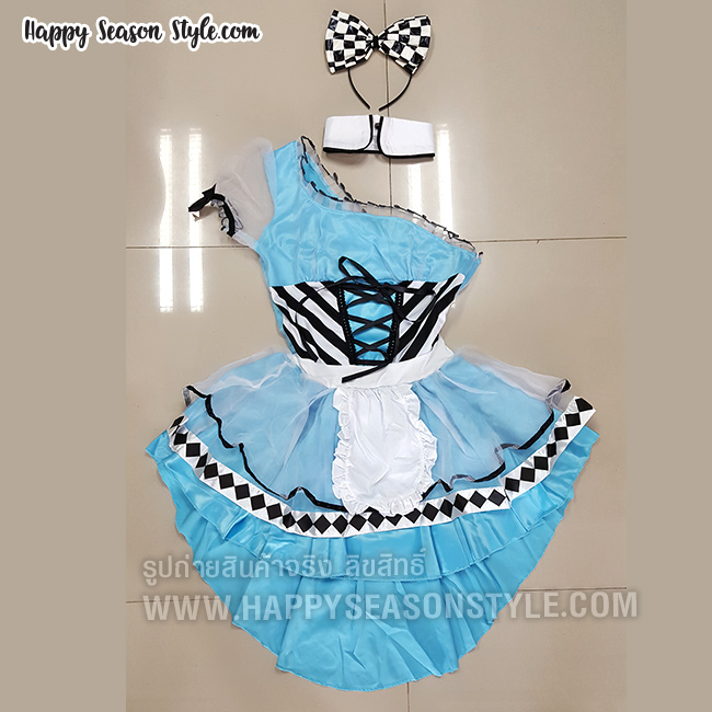 ชุดอลิซ อินวันเดอร์แลนด์ Alice in wonderlandไหล่เดี่ยว + แลคกิ้งขาวดำ