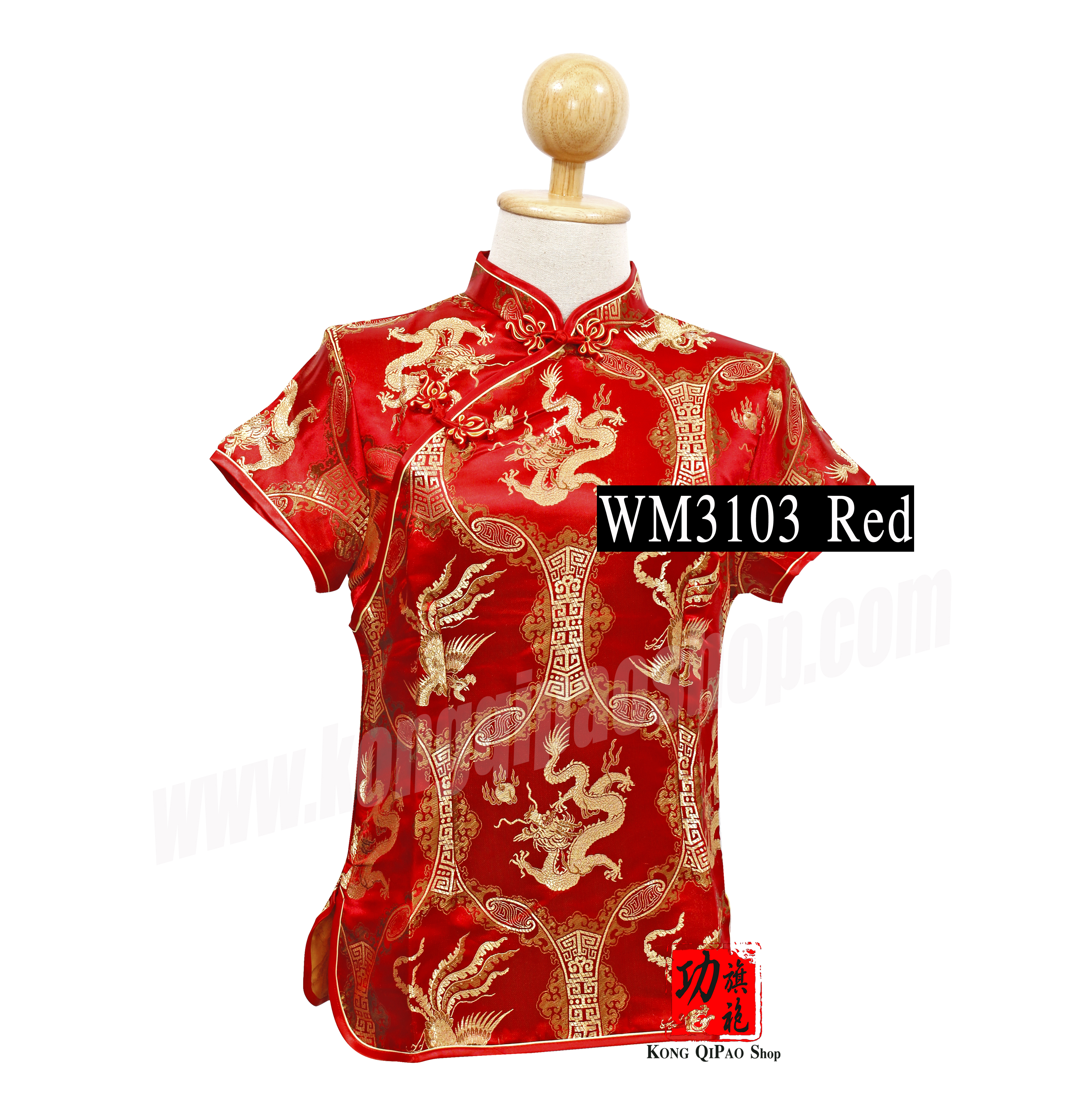 WM3103 เสื้อจีนผู้หญิง คอเฉียง ลายมังกรทอง