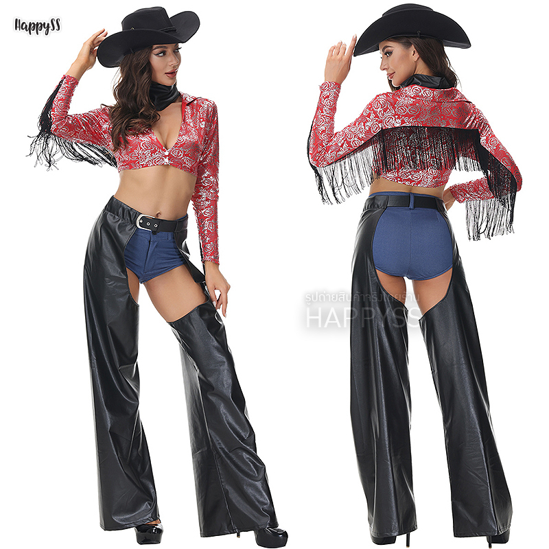 ชุดคาวบอย คาวเกิร์ล สุดแซ่บ เสื้อสีแดงและกางเกงหนัง พร้อมหมวกคาวบอยสีดำ 🏍️💨💨 ส่งไวจากไทย