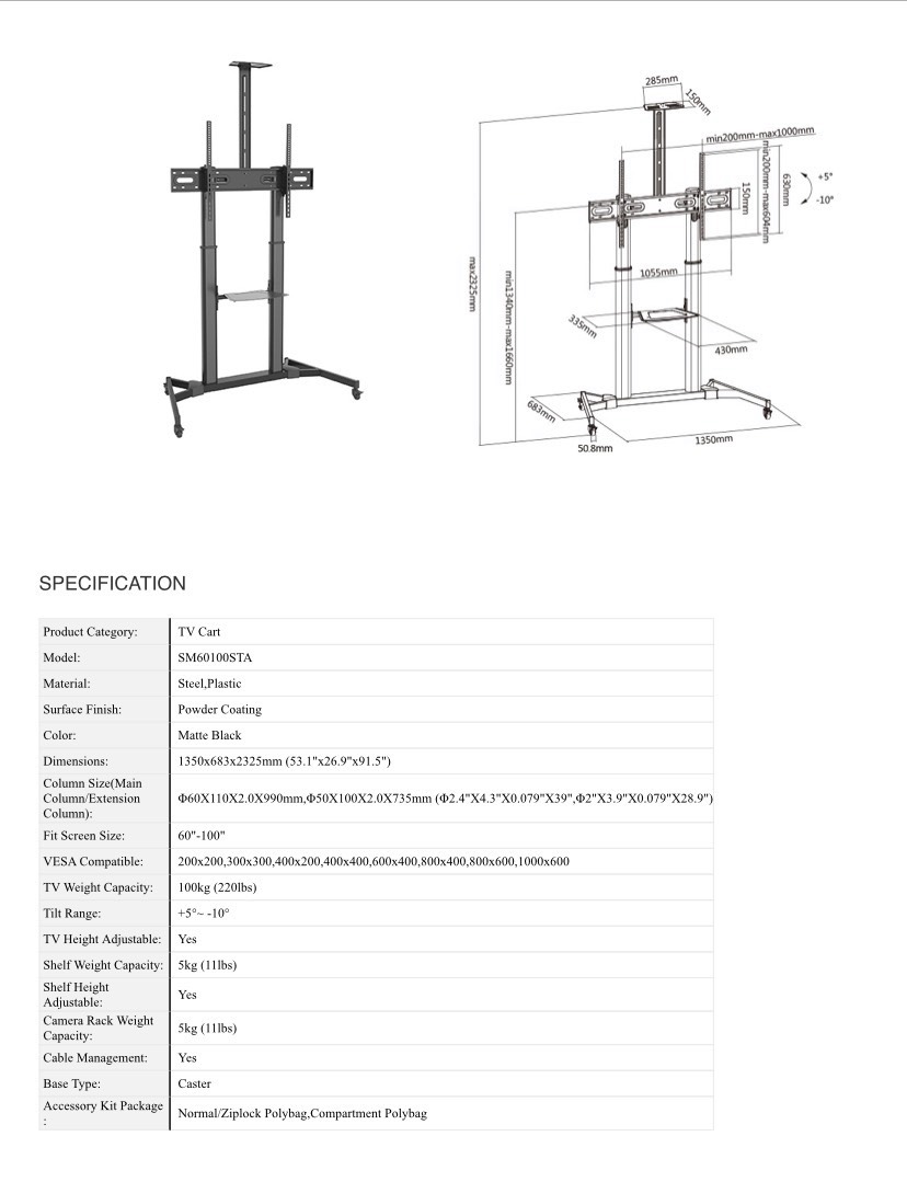 JMTVSTAND SM60100 ขาตั้งพื้นทีวีมีล้อเลื่อน(TV Stand)เหล็กหนา(สีดำ) แข็งแรง ปรับความสูง/ต่ำแบบ Spring Lock รองรับทีวีขนาด 60"-100" นิ้ว0964746498