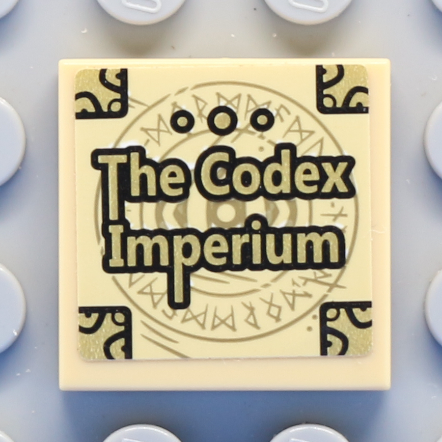 Tile 2 x 2 with Groove with Book Cover with Gold Corners, Runes, and 'The Codex Imperium' Pattern (Sticker) - Set 76060
