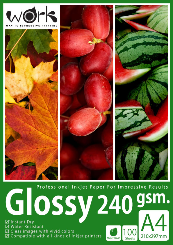 กระดาษโฟโต้ A4 ผิวมัน Glossy 240g (แพ็ค100แผ่น)