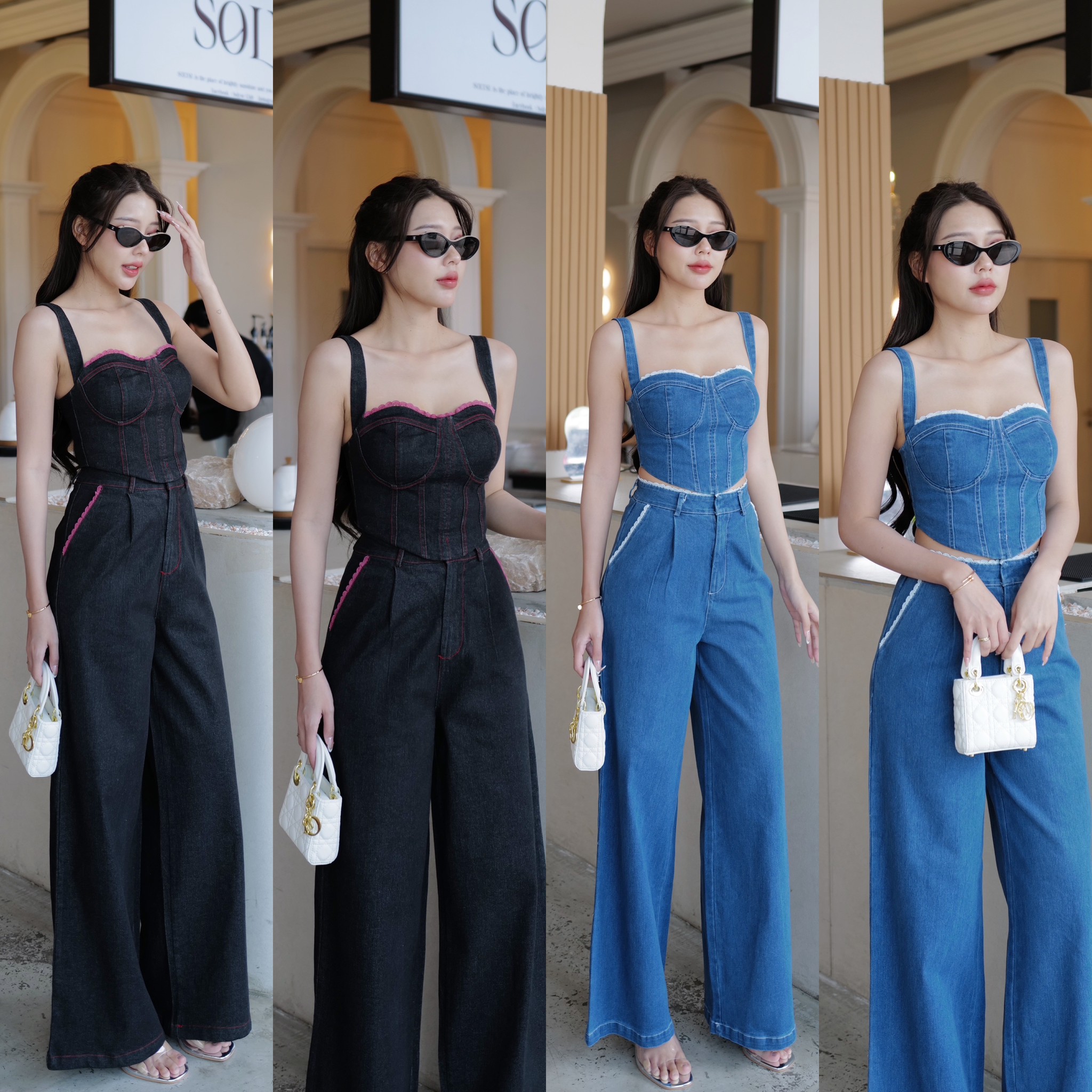 #4764 ชุดเชตยีนส์ เสื้อทรงสามเหลี่ยม แต่งขอบลูกไม้ช่วงอกเว้าหัวใจ intuon