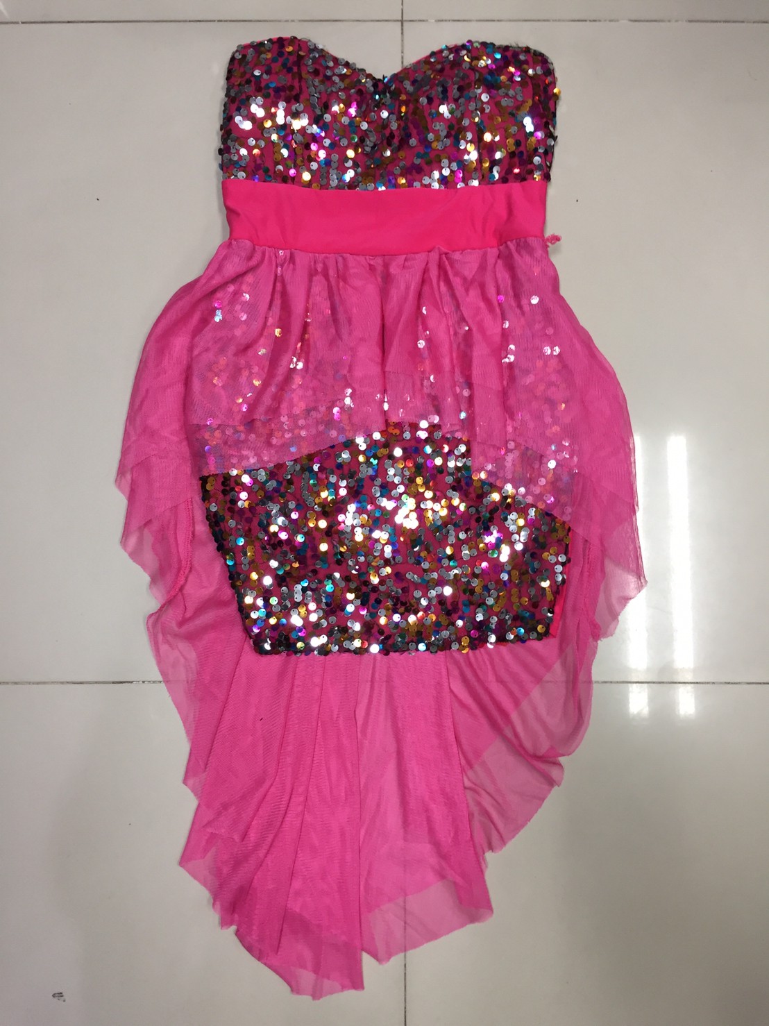 ชุดแซ็ก ชุดเดรสเกล็ดปลาแต่งผ้าชีฟองระบายช่วงเอว ชุดแดนซ์เซอร์ ชุดเต้น