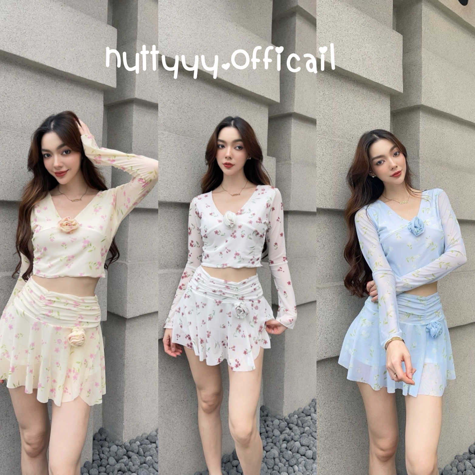 ชุดเซ็ตเสื้อแขนยาวกระดิ่ง+กระโปรง ผ้ามุ้งลายดอก สวยมากกสาวเวียดสุดๆ Mika brand
