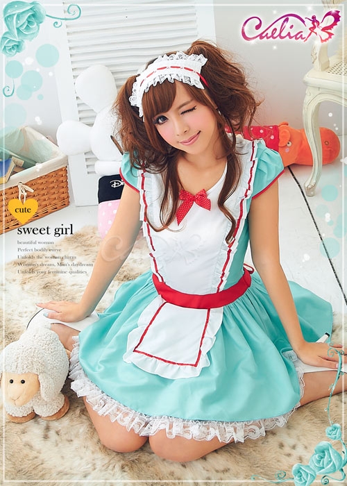 ชุดสาวเสิร์ฟ เมด สีฟ้าสด ตัดขอบแดง ผ้ากันเปื้อนขาว