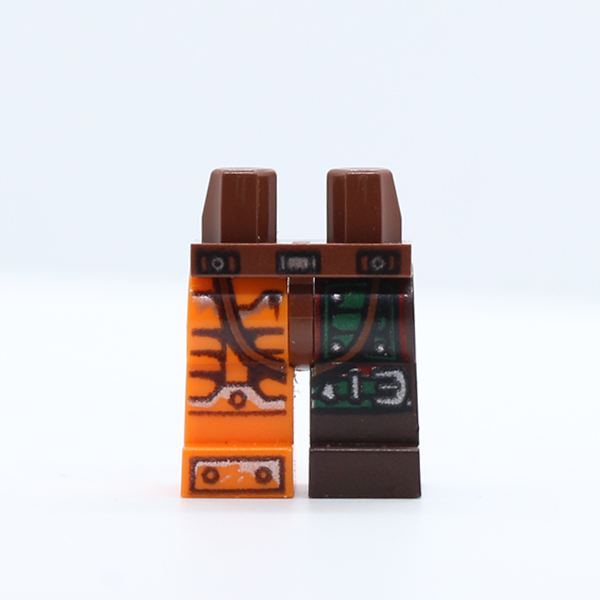Hips and 1 Dark Brown Left Leg with Green Armor and Knee Belt, 1 Orange Right Leg with Black and Silver Bolted Armor Plates Pattern
