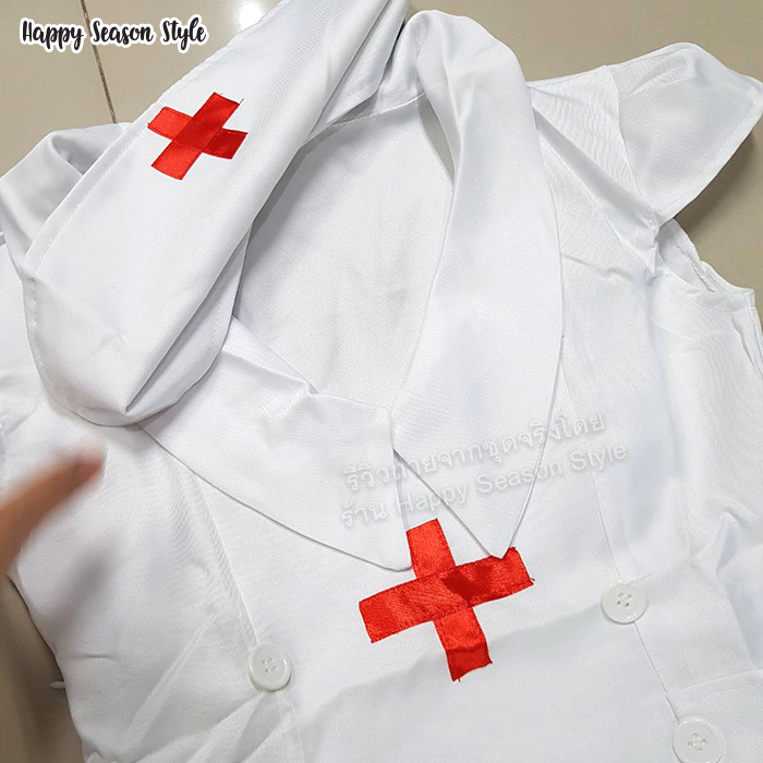 ชุดพยาบาล เดรสขาว กระดุมคู่ + หมวก
