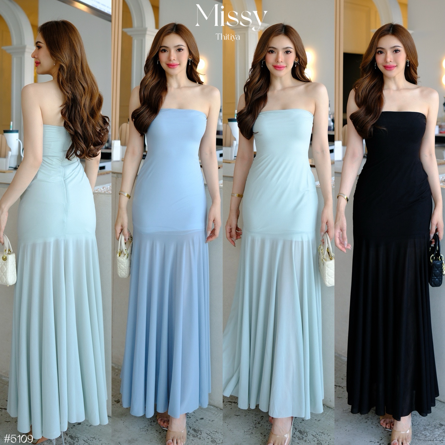 #5109 Missy Dress เดรสยาวเกาะอกสองเลเยอร์ งานสวยมากกก เนื้อผ้าคือ100/10 ด้านในเป็นผ้านิ่ม thtiiya