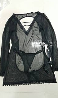 ชุดนอนไม่ได้นอน ชุดนอนซีทรู คอเซ็ทสีชมพูลูกไม้ดำ แยกชิ้นกระโปรงผ่าหน้าสีด