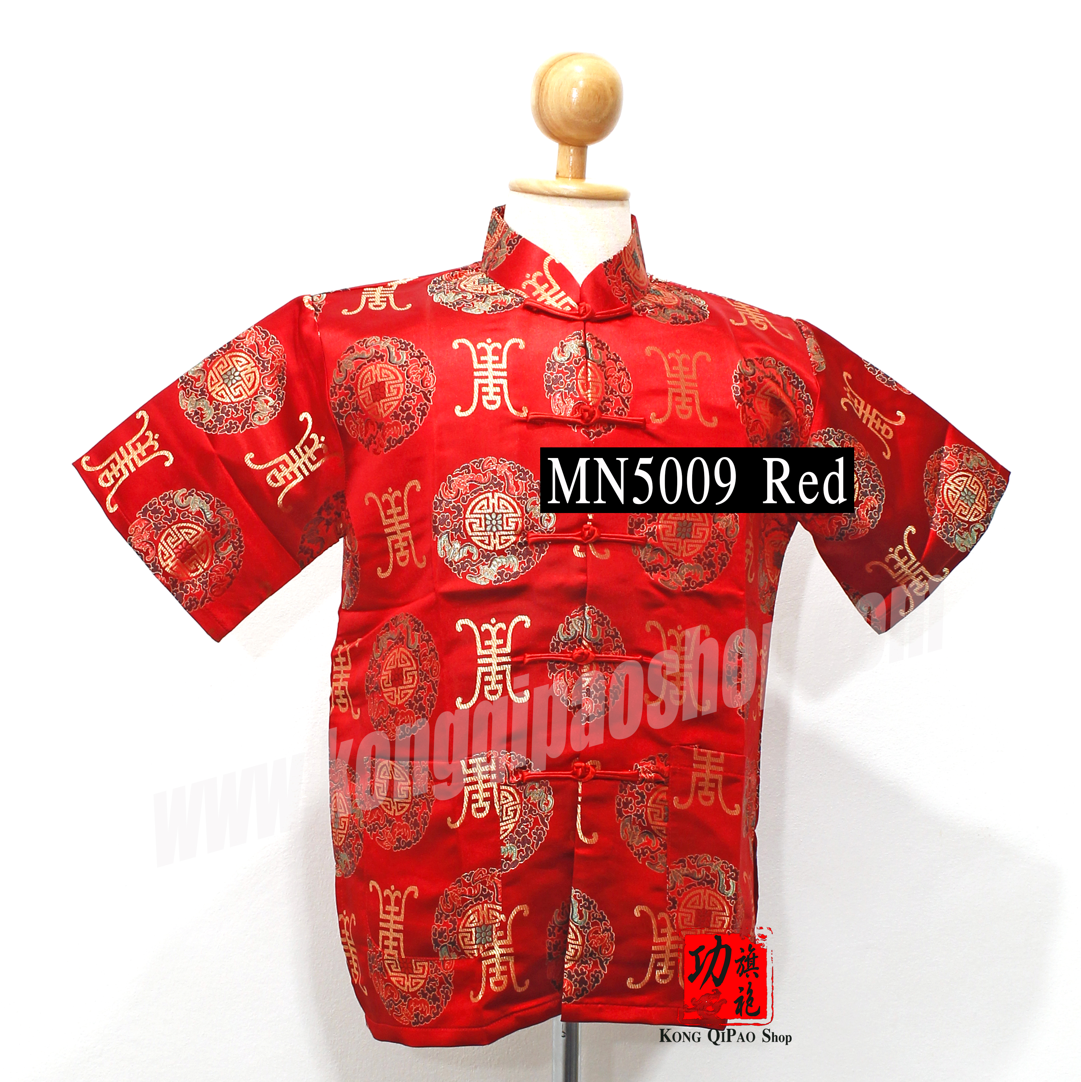 MN5009 เสื้อจีนผู้ชาย แขนสั้น ลายเหรียญค้างคาวนำโชค