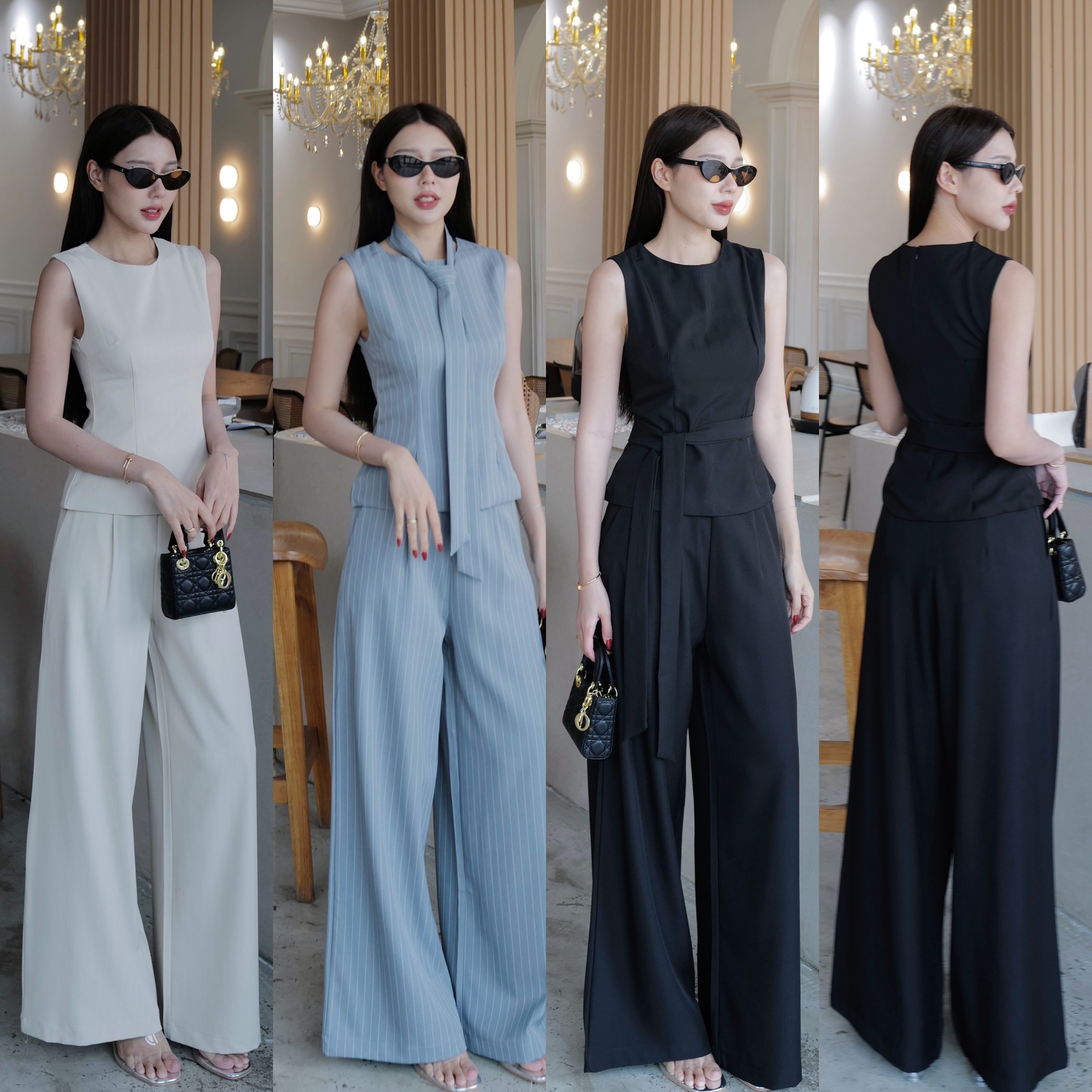 #5243# 🤍EVE CLOTHING 🤍🤍ชุดเชต แขนกุดซิปหลังมีซับใน มีสายแต่งดีเทลผูกได้หลายแบบเก๋ๆ