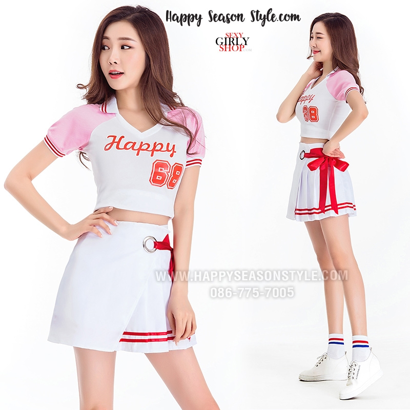 ชุดเชียร์ ชุดเชียร์ลีดเดอร์ ชุดเชียร์กีฬา สีขาวปกโปโล แขนชมพู กระโปรงขาว แนวเกาหลี ใส่ได้ 2 แบบ