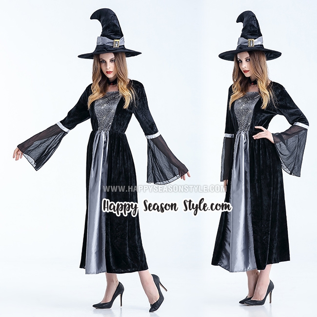ชุดแม่มดยาว สีดำเทา มีหมวกแม่มด