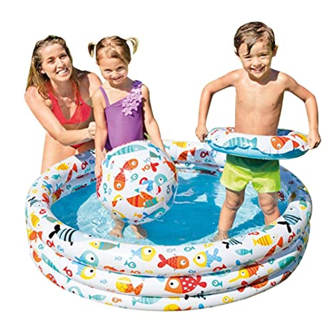 ชุดสระน้ำเด็ก พร้อมลูกบอลชายหาดและห่วงยาง ลายปลา Inflatable Baby Swimming Pool Set with Ring and Beach Ball