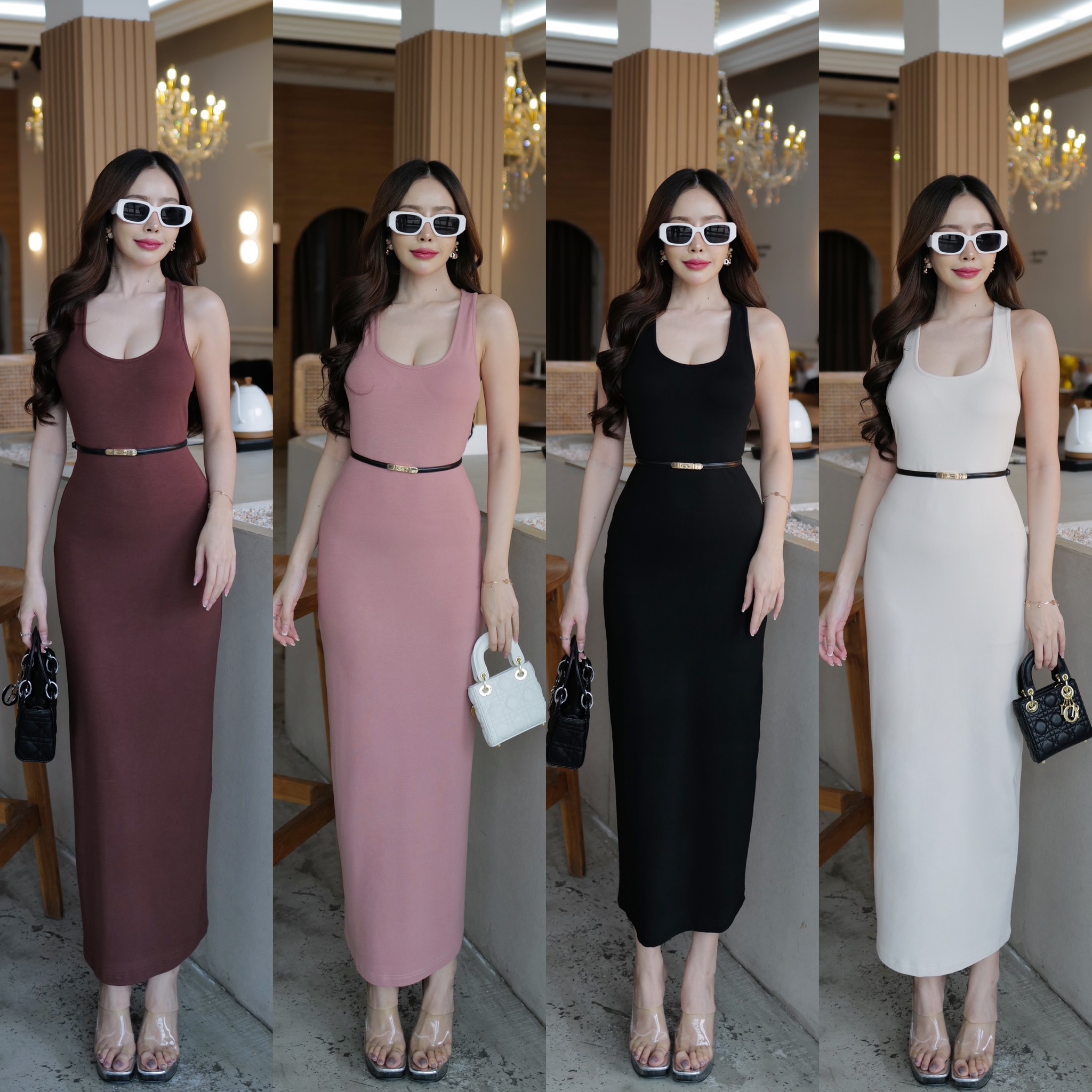 #9843 HILOOK เดรสยาว+เข็มขัด เดรสคอยูแขนกล้าม ด้านหลังเว้าแขนลึก ทรงสวย