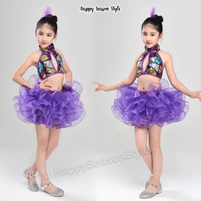 ชุดแฟนซีเด็ก ชุดเชียร์เด็ก ชุดแดนซ์เซอร์เด็ก กีฬาสีเด็ก สีม่วง คล้องคอ กระโปรงฟู