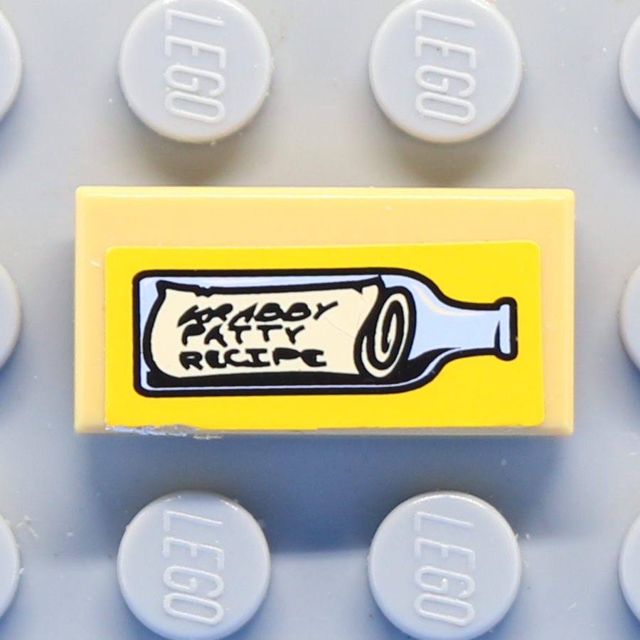 Tile 1 x 2 with Groove with 'KRABBY PATTY RECIPE' in Bottle Pattern (Sticker) - Set 3825
