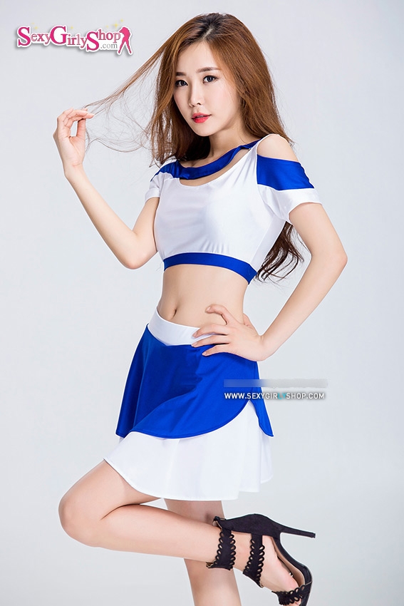 ชุดเชียร์กีฬา เสื้อเอวลอย กระโปรง ขาวน้ำเงิน