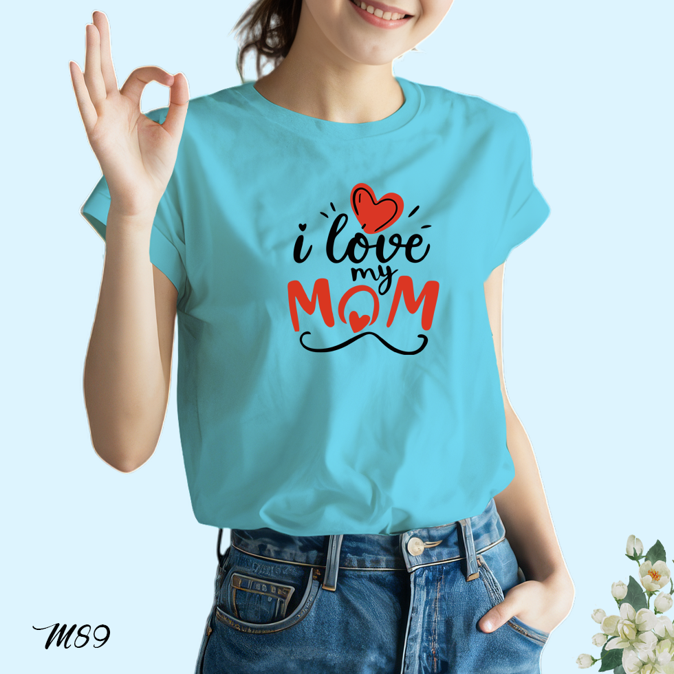เสื้อยืดสีฟ้าวันแม่ สกรีนลาย i Love My Mom M89 เนื้อผ้าโพลีเอสเตอร์ 100% สกรีนตรงปก วันแม่ 12 สิงหาคม BKscreenshirts
