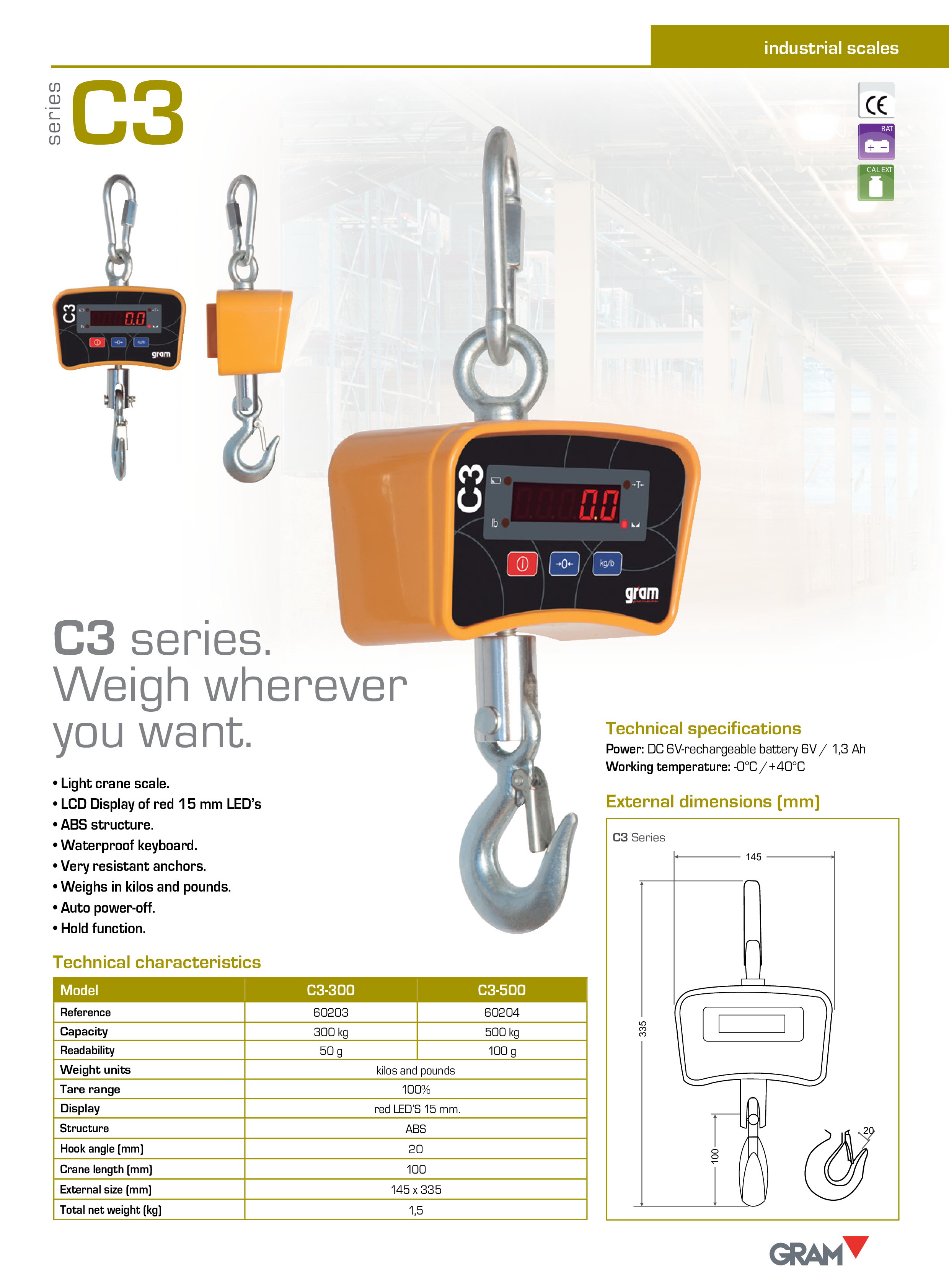 เครื่องชั่งแขวน GRAM : C3 พิกัด 1000 kg. / 500 g.