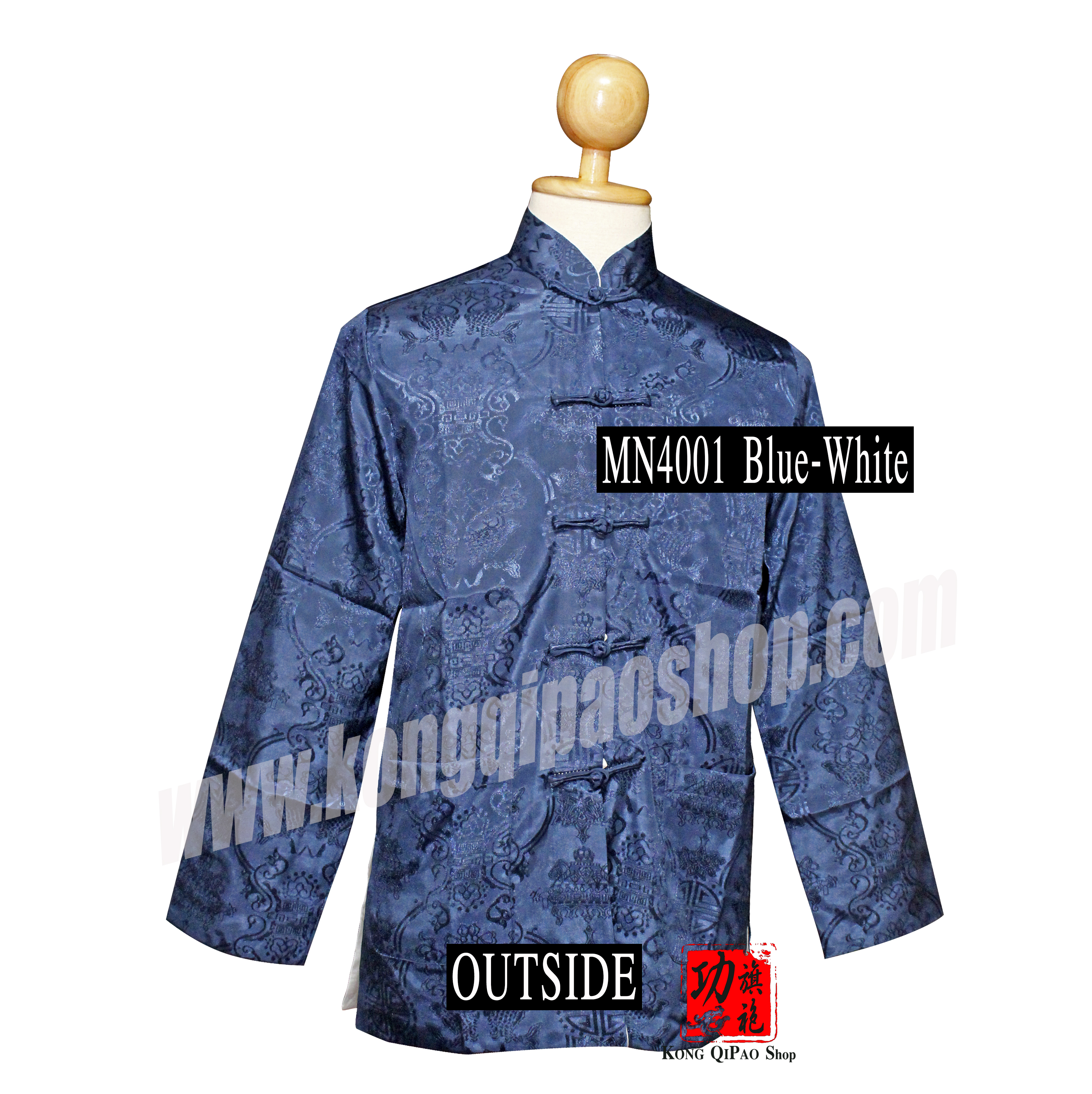 MN4001 เสื้อจีนผู้ชาย แขนยาว ลายปลาหลีฮื้อคู่ (鯉魚) (ใส่ได้ 2 ด้าน)