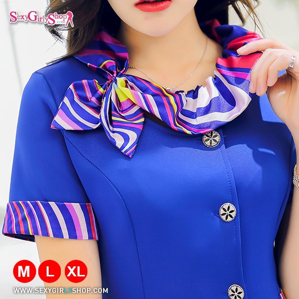 ชุดแฟนซี ชุดยูนิฟอร์ม - ชุดพนักงาน แต่งปกผ้าพันคอผ้าพิมพ์ลาย - สีน้ำเงิน