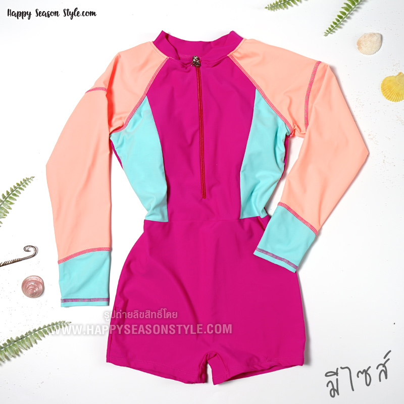ชุดว่ายน้ำ วันพีช แขนยาว ขาสั้น ซิปหน้า สีชมพู-ส้ม-ฟ้า (มีหลายสี)