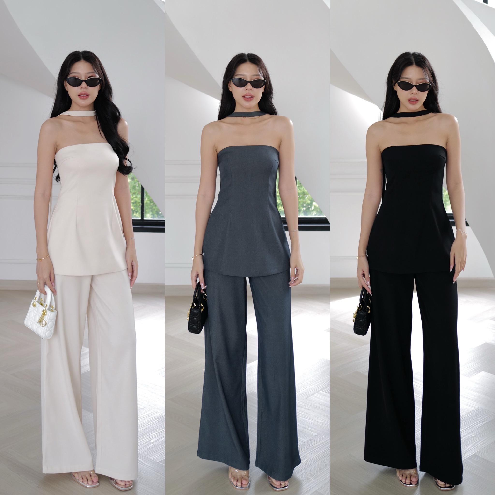 #9893 ชุดเชต3ชิ้น เสื้อเกาะอกตัวยาวชิปหลังมีชับใน+กางเกงขากระบอบทรงสวยชิปหลัง +สายยาว intuon