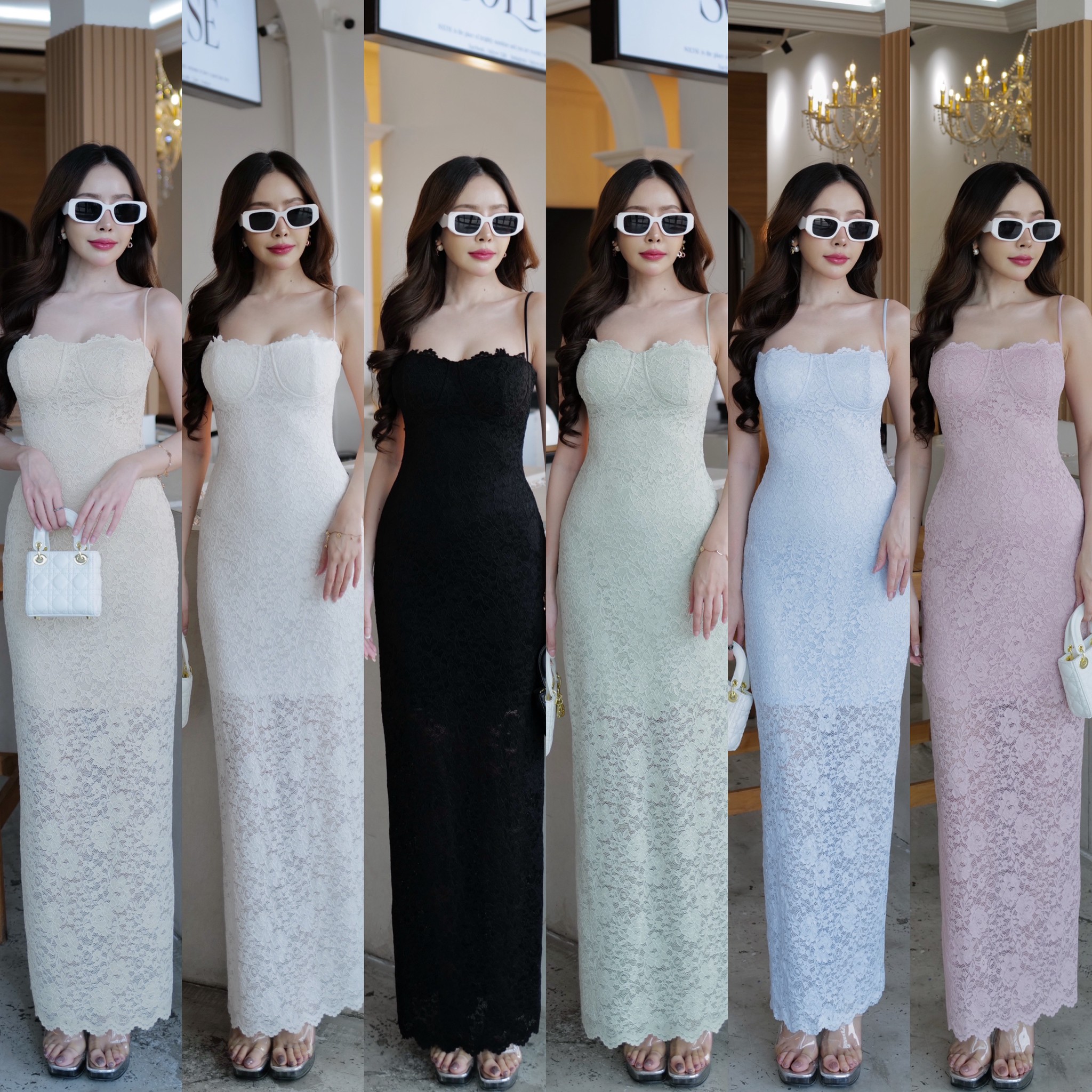 #9832 HILOOK เดรสยาวสายเดี่ยวลูกไม้พรีเมียม สายปรับได้ ชิปด้านหลัง มีชับใน