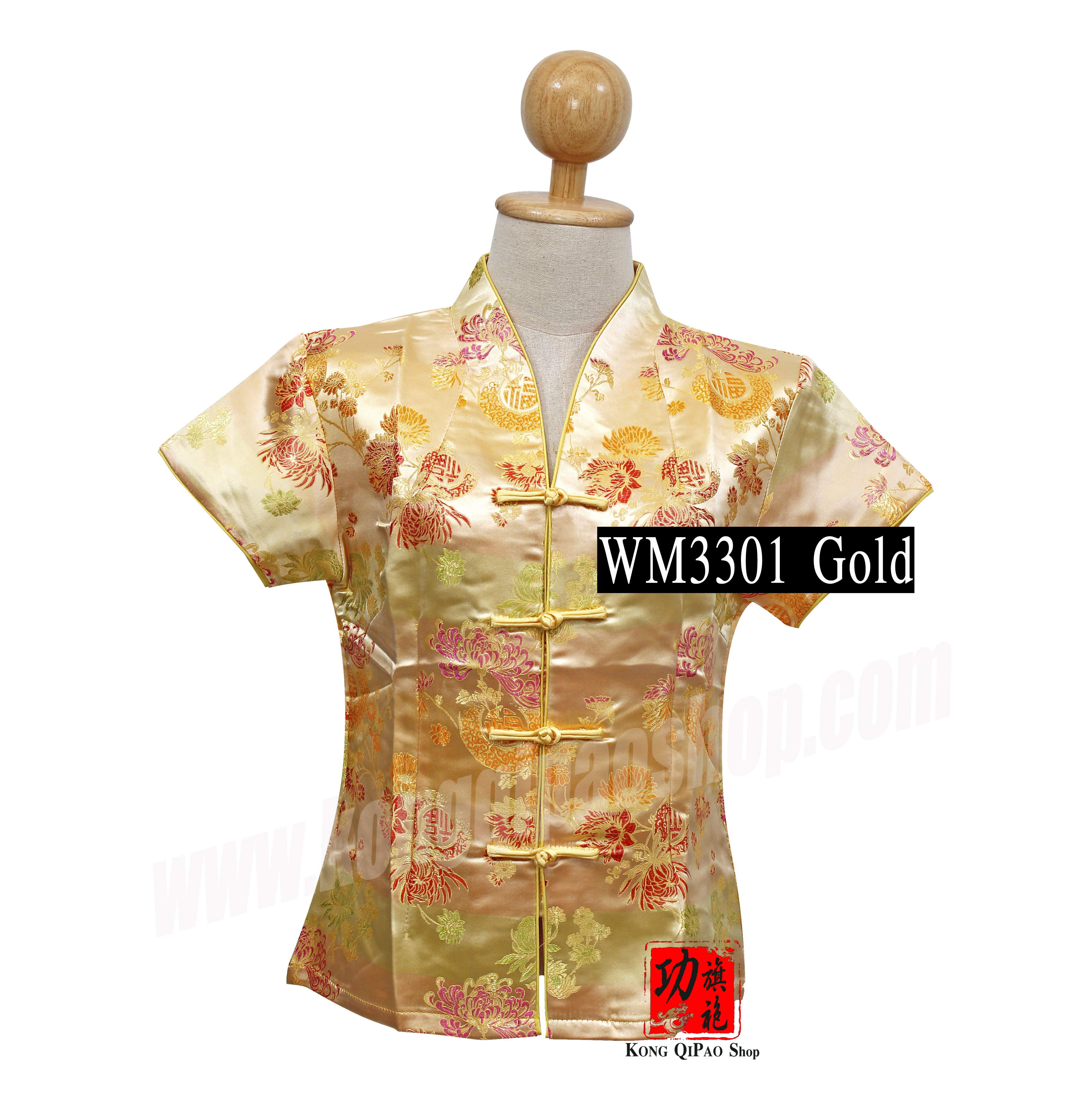 WM3301 เสื้อจีนผู้หญิง คอวี ลายค้างคาวนำโชค 福(ฝู)