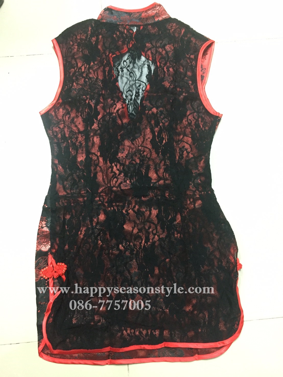 ชุดแฟนซี ชุดคอสเพลย์ พีอาร์ ชุดพริตตี้ - ชุดกี่เพ้า สาวเอเซีย สีดำดอกเล็กๆ กุ๊นสีแดง