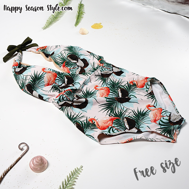 ชุดว่ายน้ำ วันพีช คอวี ผูกคอ ลายฟามิงโก้