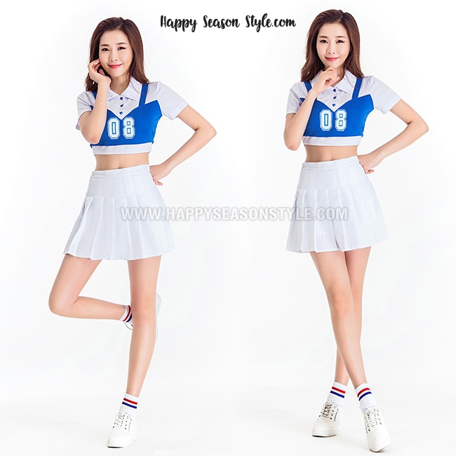 ชุดเชียร์ ชุดเชียร์ลีดเดอร์ ชุดเชียร์กีฬา เสื้อต่อช่วงตัวสีน้ำเงิน กระโปรงขาว แนวเกาหลี วง WJSN เพลง HAPPY MOMENT