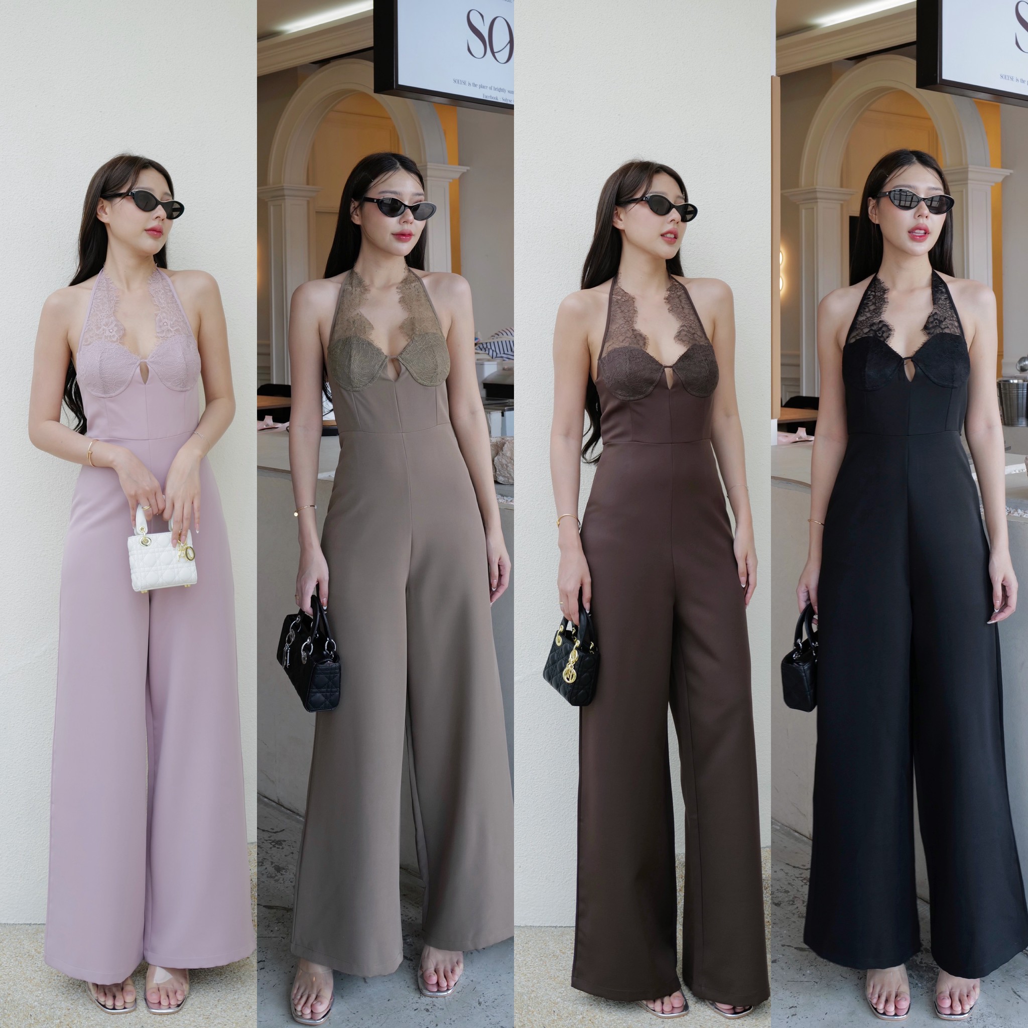 #5048#Eve จั้มสูทขายาว ผูกคอ เว้าหลัง แต่งลูกไม้ช่วงอก ซิปหลัง ตัวเนื้อผ้าละเอียด ไม่ยืด