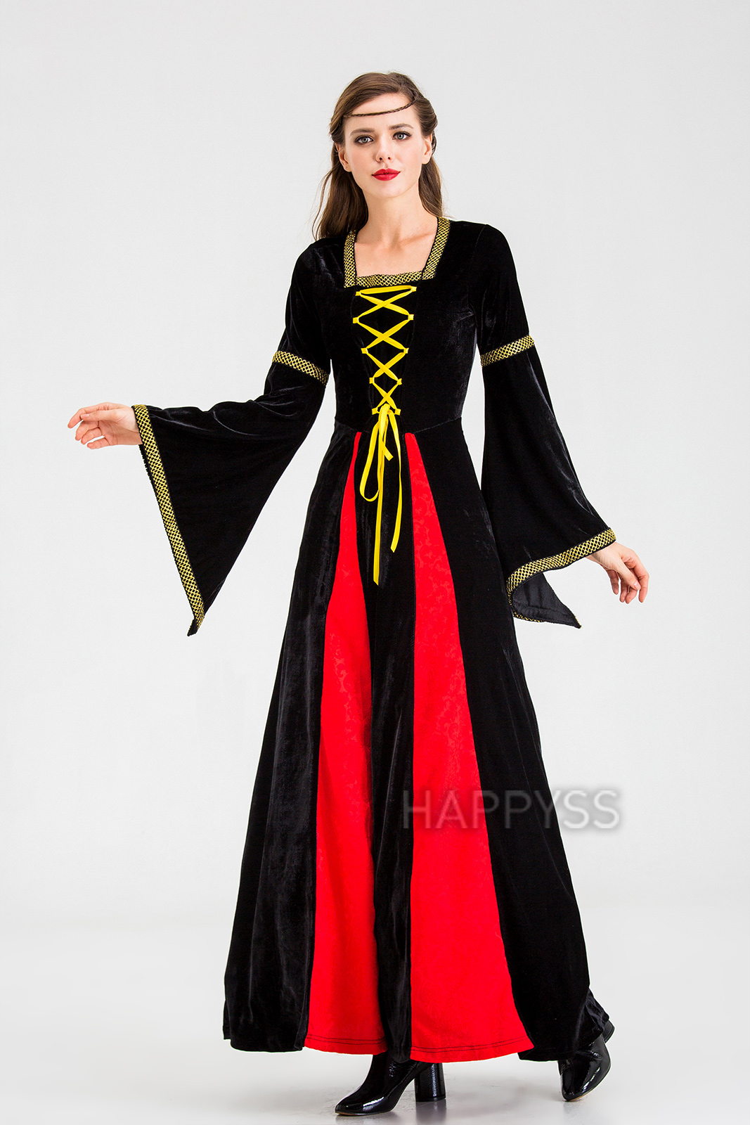 ชุดยุโรป ชุดย้อนยุค ผ้ากำมะหยี่ แทรกผ้า 2 แฉก ริบบิ้นเหลือง