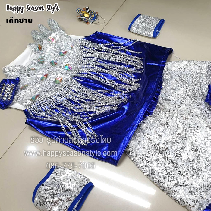 ชุดแฟนซีเด็ก ชุดเชียร์ลีดเดอร์เด็ก ชุดดัมเมเยอร์เด็ก สีน้ำเงิน-เงิน ไหล่หนาม แต่งพู่