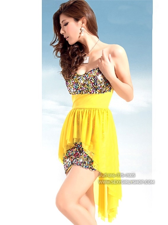 ชุดแซ็ก ชุดเดรสเกล็ดปลาแต่งผ้าชีฟองระบายช่วงเอว ชุดแดนซ์เซอร์ ชุดเต้น