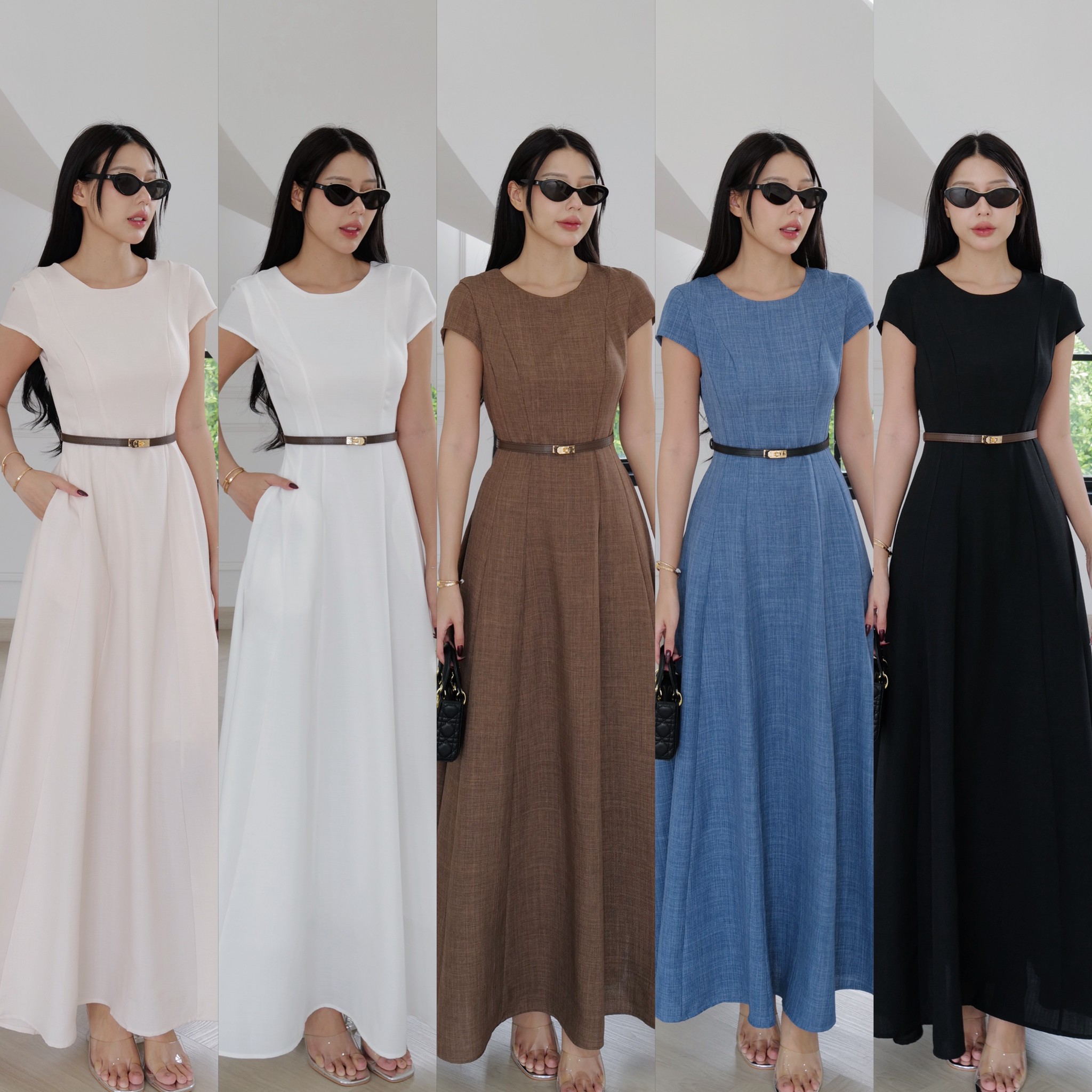 #9882 ชุดเดรสยาวมีแขน + เข็มขัด แขนล้ำ เนื้อผ้าละเอียด ผ้าลินิผสม intuon