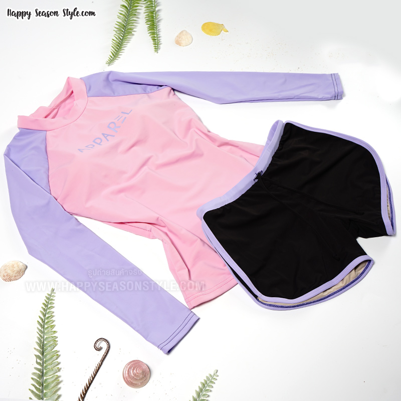 ชุดว่ายน้ำ ทูพีช แยกชิ้น เสื้อแขนยาว กางเกงขาสั้น สีชมพู-ม่วง
