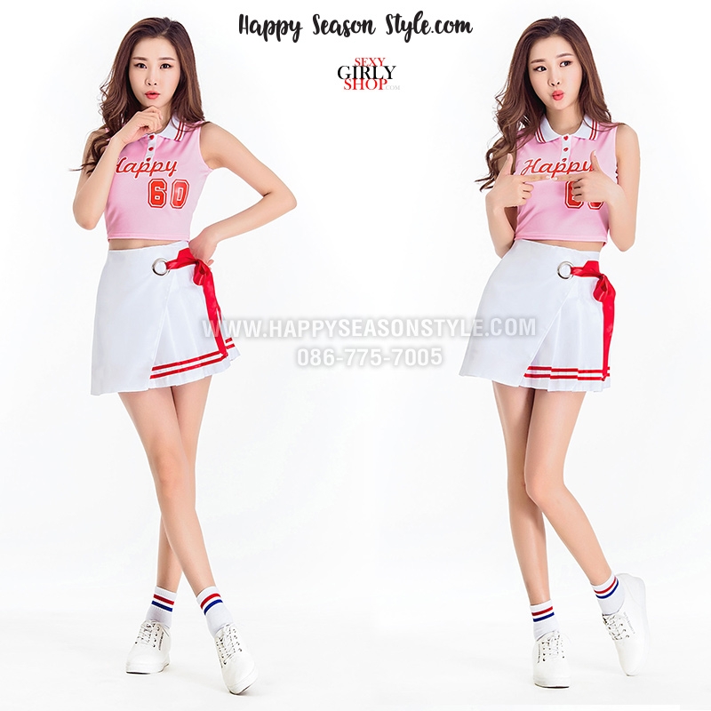 ชุดเชียร์ ชุดเชียร์ลีดเดอร์ ชุดเชียร์กีฬา ชมพู ปกโปโล แขนกุด กระดุมรูปหัวใจสีแดง กระโปรงขาว แนวเกาหลี ใส่ได้ 2 แบบ