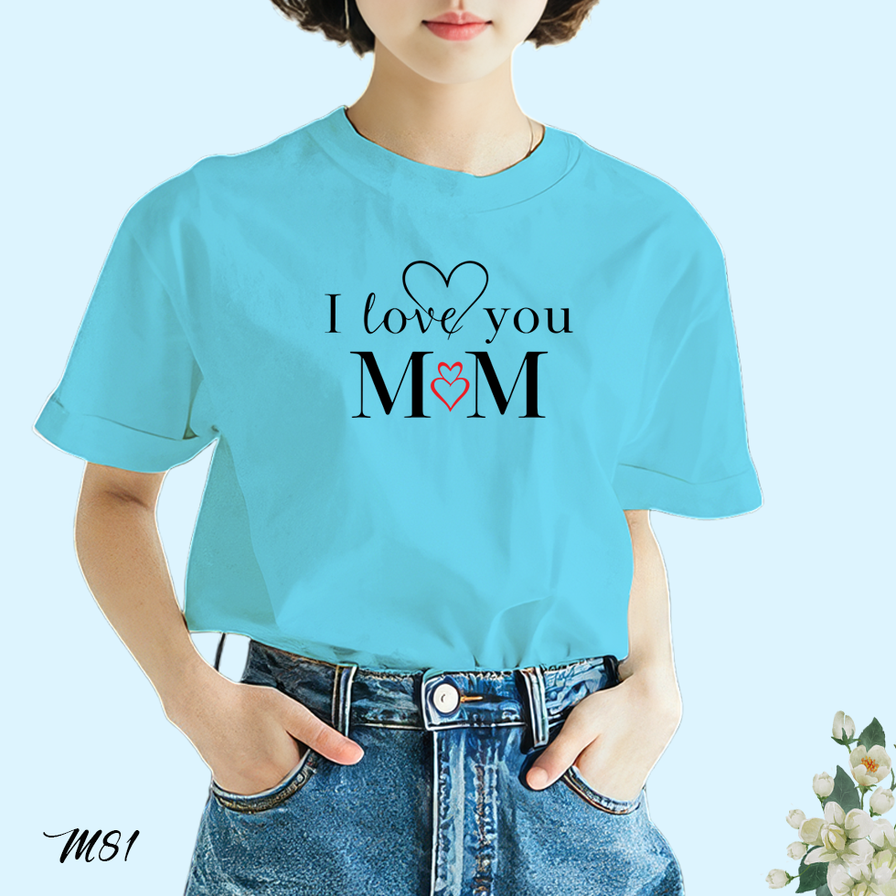 เสื้อยืดสีฟ้าวันแม่ สกรีนลาย i Love you mom M81 เนื้อผ้าโพลีเอสเตอร์ 100% สกรีนตรงปก วันแม่ 12 สิงหาคม บีเคสกรีนเสื้อ
