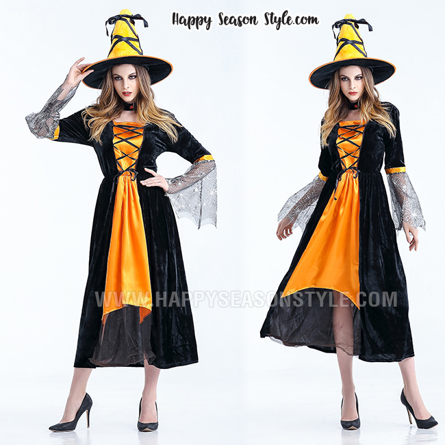 ชุดแม่มดยาว สีดำส้ม มีหมวกแม่มดทรงโค้ง