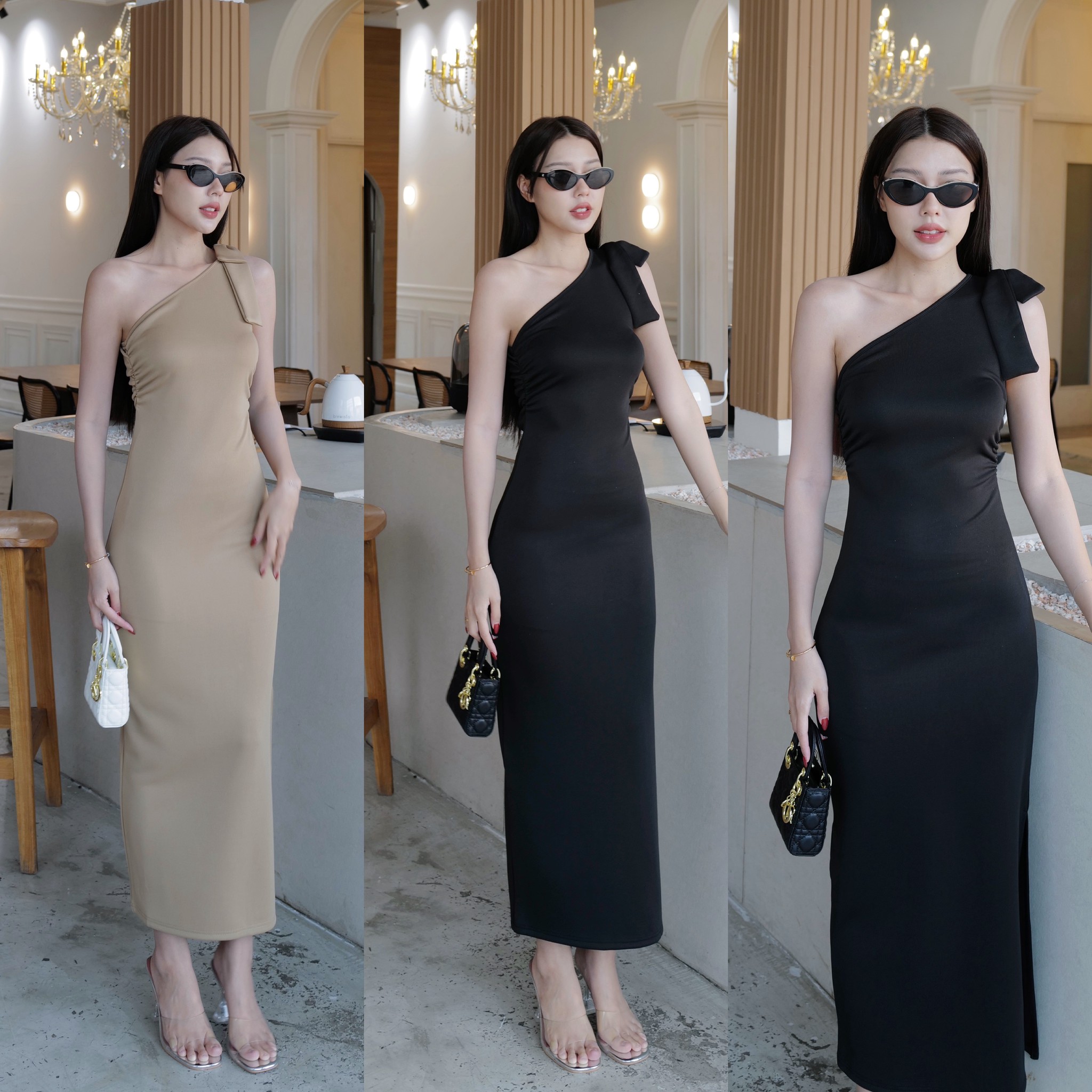 #5138# Eve เดรสยาวไหล่เดียวแต่งย่นข้างอก ซีปข้าง ใสง่าย ผ้านุ่ม ยืดได้เยอะ