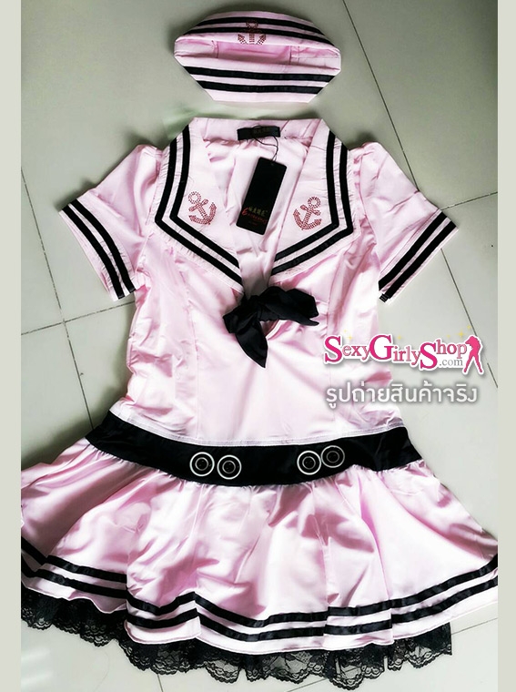 ชุดกะลาสี กะลาสีหญิง หทารเรือหญิง ทหารเรือ สีชมพู โบว์ดำ พร้อมหมวก
